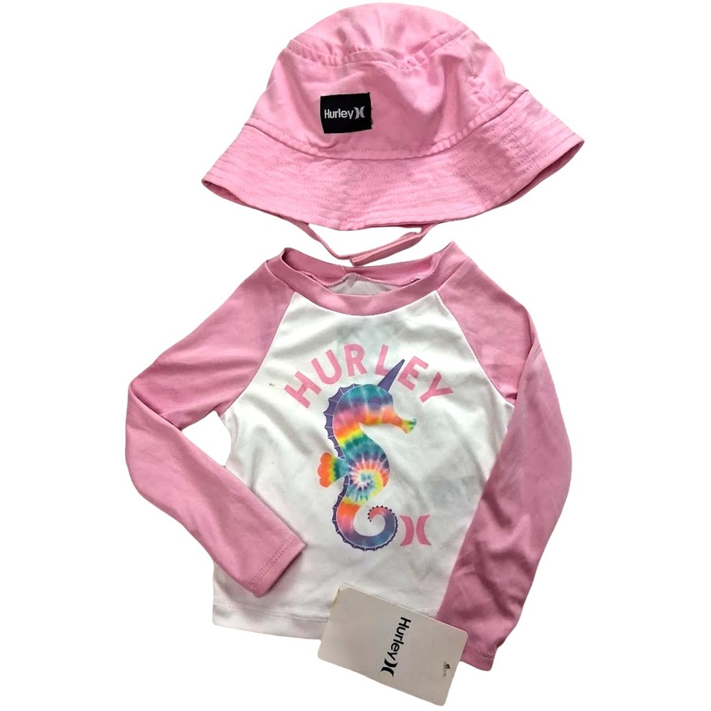 Hurley Baby Girl 12 Mos Long Sleeve Rash Guard Bucket Hat Set Seahorse Pink Swim